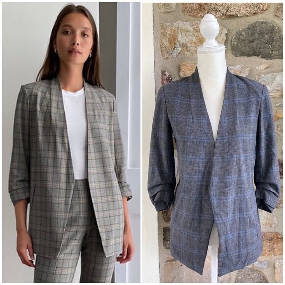 Babaton Aritzia Power Blazer 3/4 Plaid Open Jacket Gray Grid Sz 2 - Picture 1 of 12